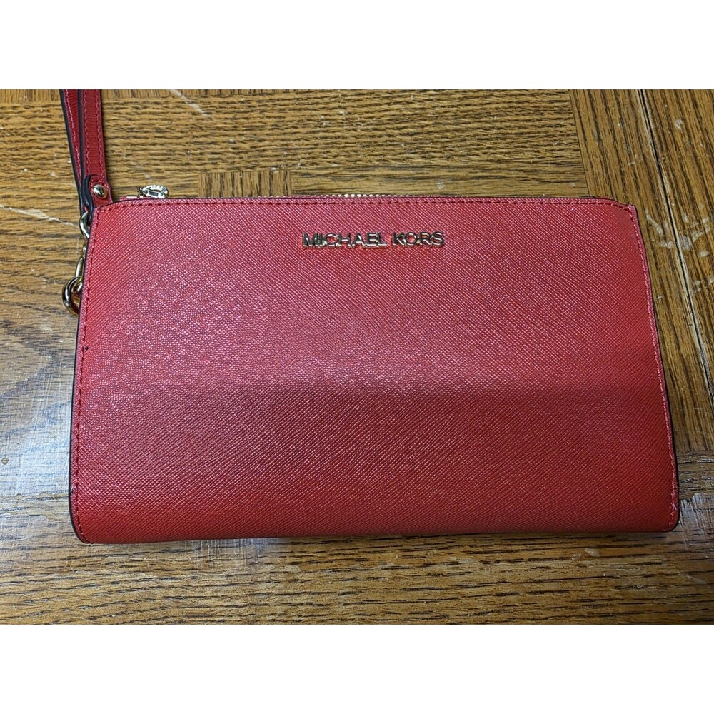 MICHAEL KORS JET SET TRAVEL DOUBLE ZIP WALLET PHONE CASE WRISTLET MK BRIGHT RED